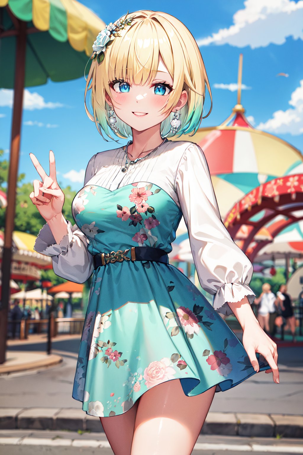 masterpiece, best quality, highres, aaema, short hair, gradient hair, hair flower, earrings, necklace, white shirt, print dress, aqua dressbelt, floral print, long sleeves, <lora:aizawa_ema_v1:0.7>, amusement park, smile, peace sign, standing, cowboy shot, 