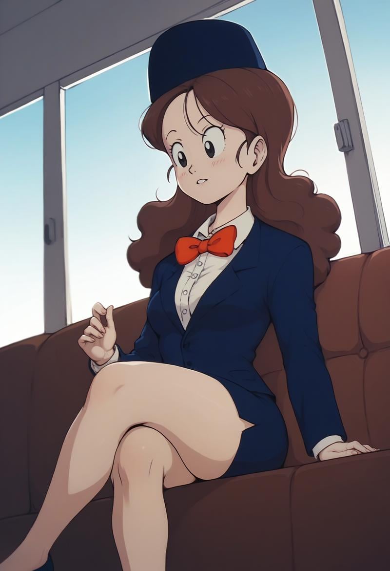 score_9, score_8_up, score_7_up, score_6_up, <lora:DBExtraGirl03FFA:0.9>, DBExtraGirl03FFA, brown hair, long hair, black eyes, breasts,attendant hat, blue jacket, white collared shirt, red bowtie, skirt, suit,sitting, crossed legs,BREAK indoors, window, blue sky,