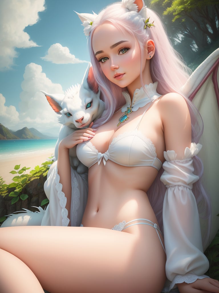 1girl, half body, closeup portrait of a beautiful 21yo woman with (a little white dragon in her arms), surrounded by white clouds, looking away, piercing eyes, fairyland at background, detailed face, detailed skin, hd, dream, ultra wide angle, hyperrealism, hyper detailed, centered, (high detailed skin, soothing tones, hdr : 1.25), Fujifilm XT3