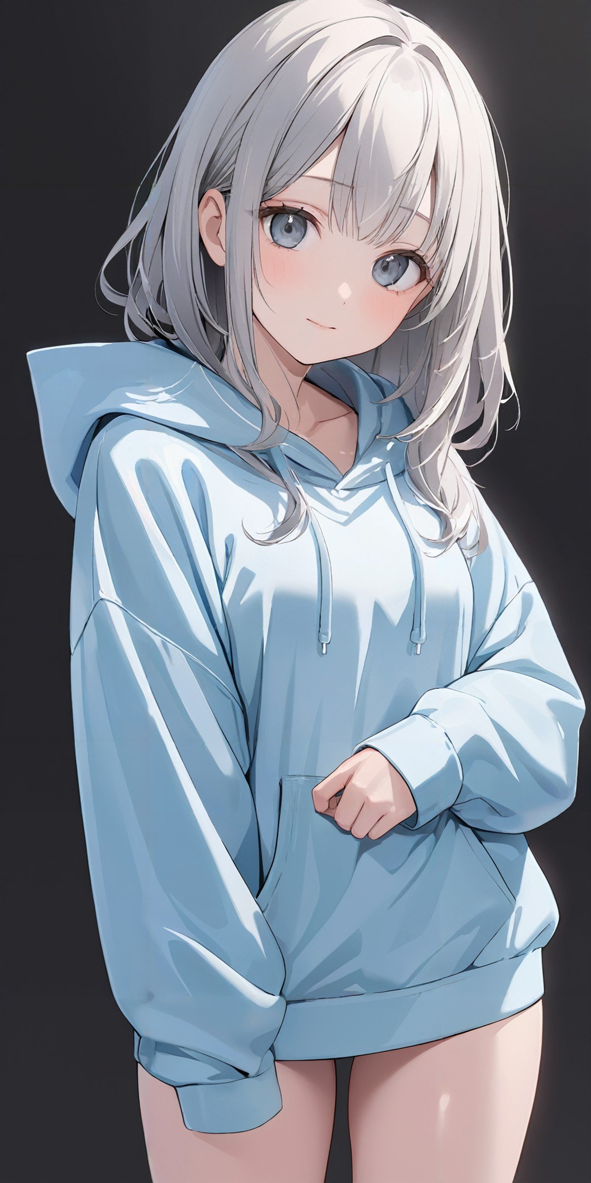 masterpiece,ultra-detailed,best quality,8K,illustration,cute face,clean skin ,shiny hair,girl,ultra-detailed-eyes,simple background, <lora:add-detail-xl:1> <lora:hoodie_XL_V1.0:1> jyojifuku, hoodie ,cowboy shot,thighs