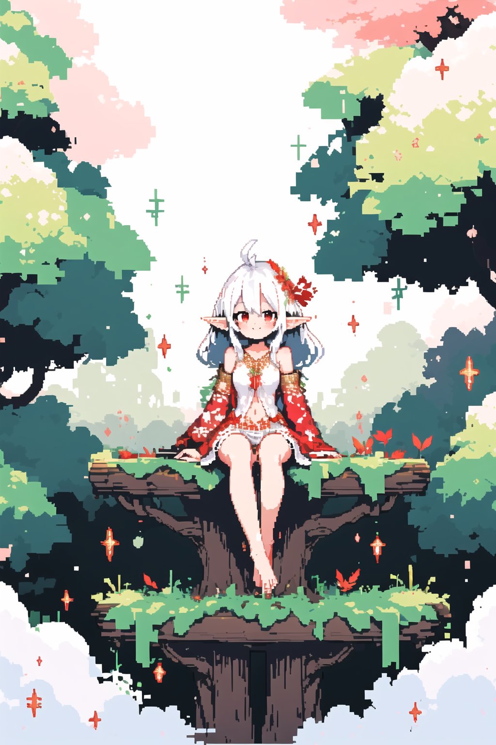 full body,solo,((white and red)),growth,leaf,tree branch,branch,fractal,barefeet,white hair,dynamic pose,white background,sitting on branch,legs together,age17,navel,pointy ears,elf,big ahoge,red eyes,long dress,smile,<lora:Pixel Art1.1:0.8>,