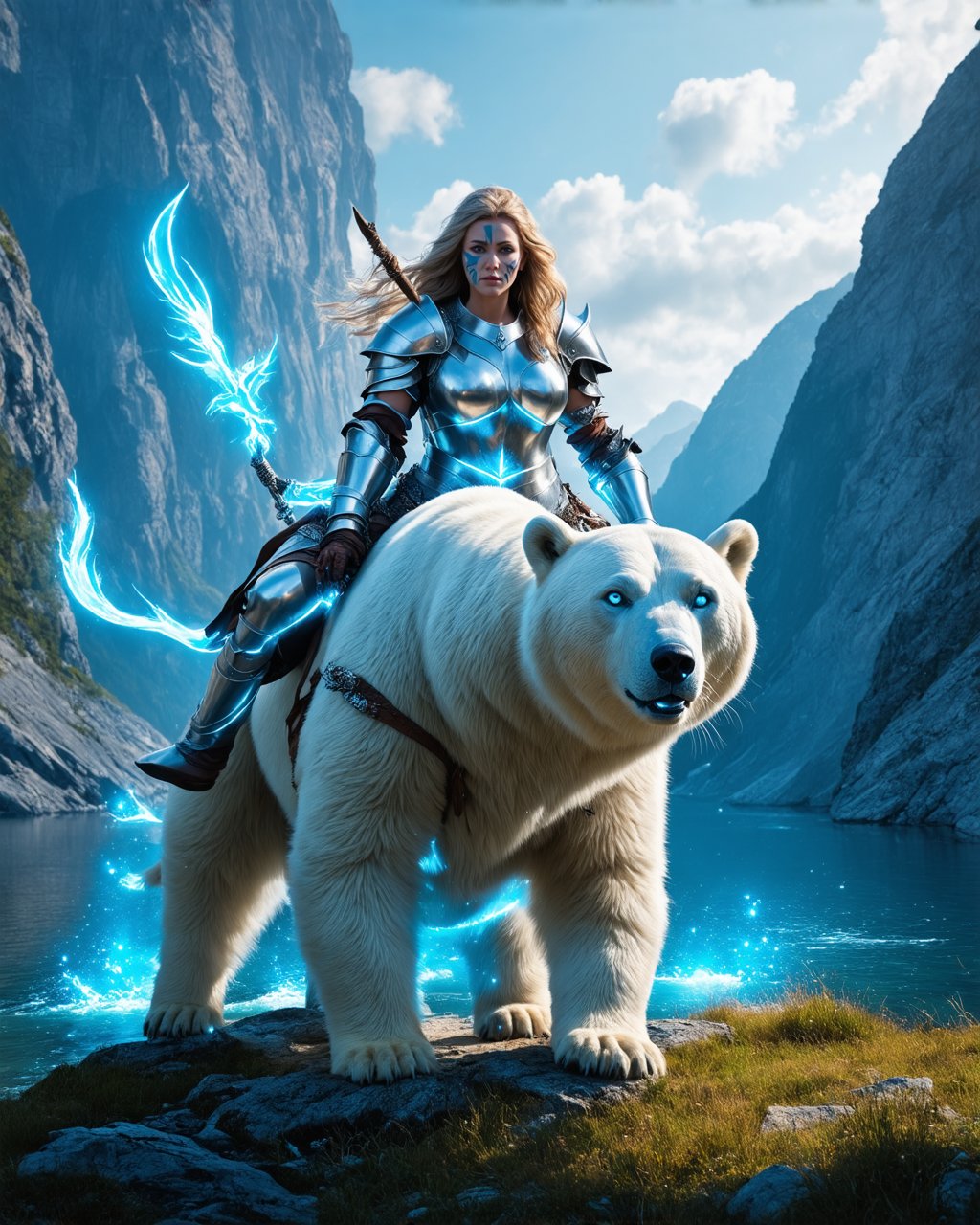 Create a highly detailed, photorealistic scene of a mystical female Viking in ornate silver armor with intricate blue glowing details and textures, riding a majestic polar bear atop a grand mountain. The bear has glowing blue eyes and is adorned silver armor. The Viking's armor shines with ethereal light, casting a soft glow. She has gorgeous mystical blue eyes and subtle blue warpaint on her face. The composition captures a full-body shot of the Viking and the bear against a serene, tranquil fjord landscape. The camera angle is dynamic, highlighting the vastness of the fjord and the grandeur of the Viking's presence, ensuring every element is sharply focused and perfectly framed within the majestic, expansive scene.These warriors of the wild, forged by myth and might, are the true epitome of fierce elegance and mystical valor. Ethereal, epic aesthetic, fantasy, James Cameron movie style,