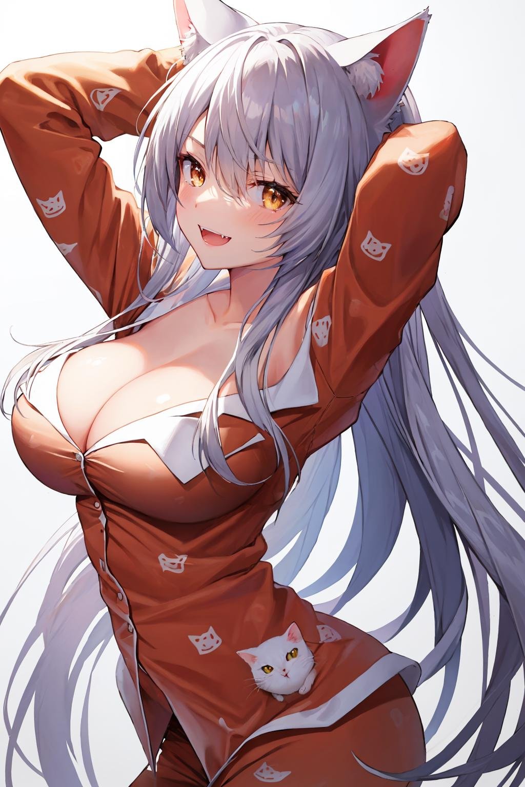 masterpiece, best quality, <lora:blkhanekawa-nvwls-v1-000009:0.9> blkhanekawa, very long hair, cat ears, slit pupils, orange pajamas, off-shoulder, cleavage, cat print, large breasts, from side, arched back, looking at viewer, arms behind head, :D, fangs, furrowed brow