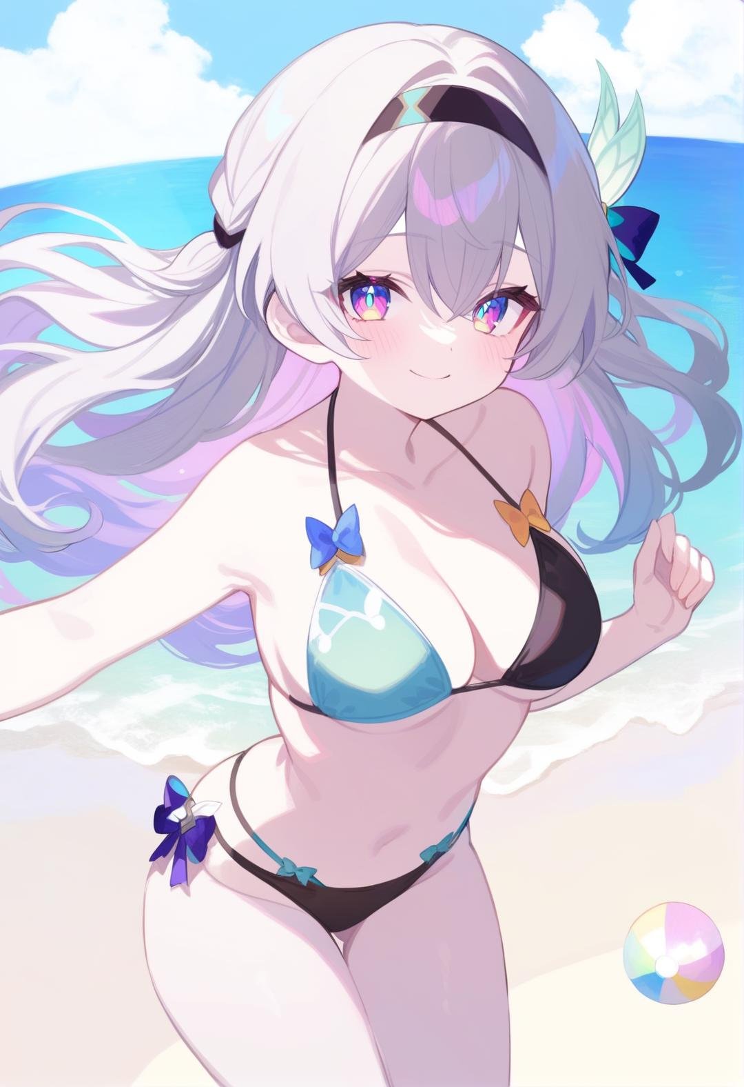 1girl,firefly \(honkai:star rail\),Best quality,Honkai StarRail, mamimi(mamamimi),((fuzichoco,butterchalk,yoshinari you,mika pikazo)), bikini,large breasts,  smile, closed mouth, floating hair, beach, masterpiece, newest, absurdres, safe,      <lora:firefly_(honkai):1>