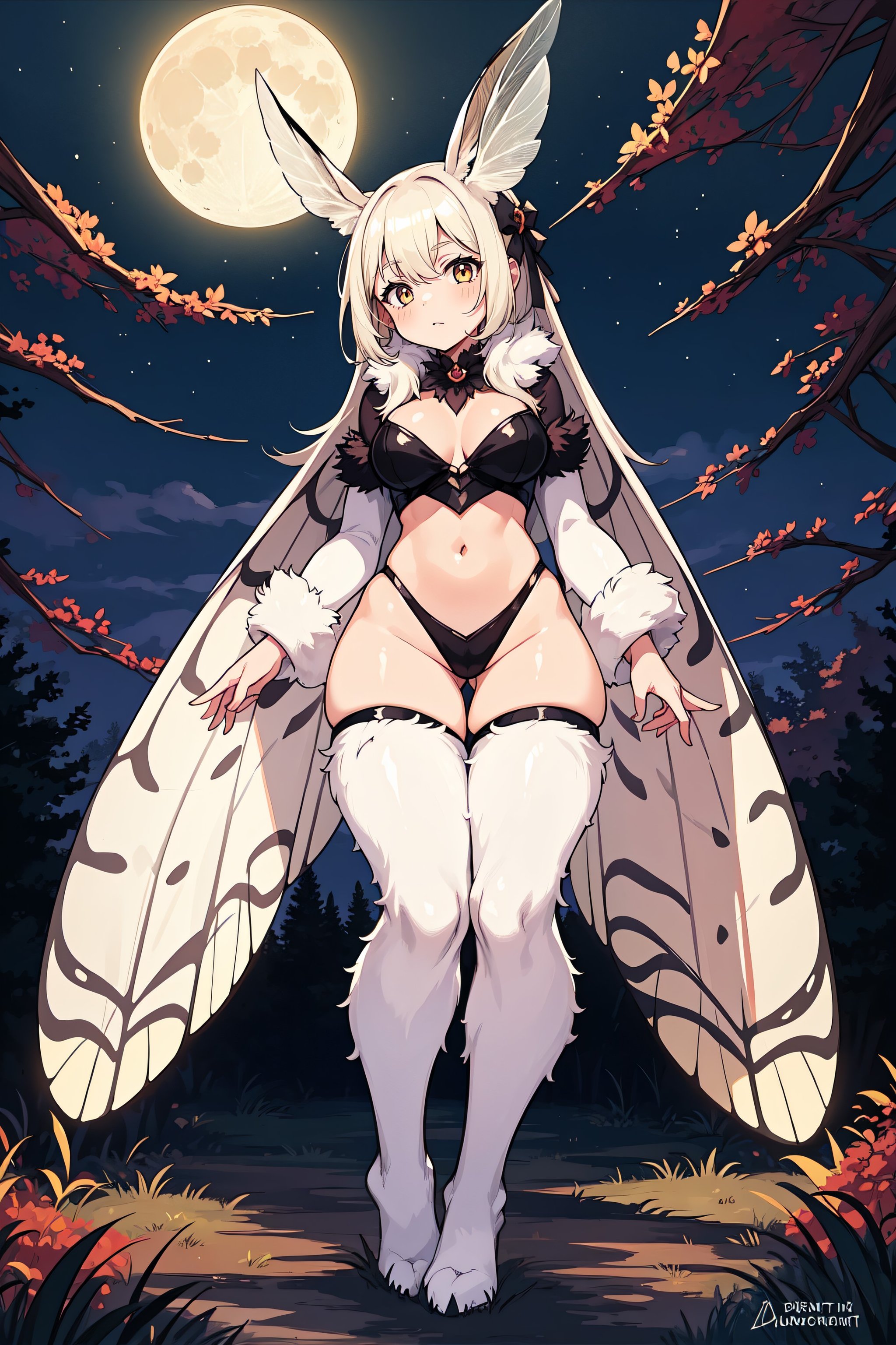 1girl, moth girl, antennae, night, moon, fluff, moth wings, full body,