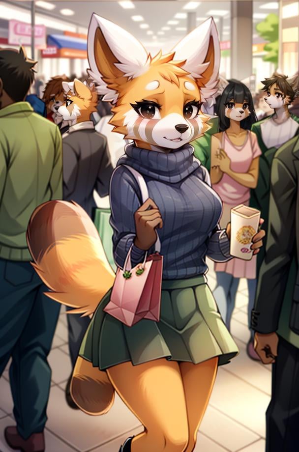 1girl, RetsukoCzar, (two-toned fur, orange fur, black eyes, whiskers, animal ears, racoon tail, striped tail, snout), (skirt, sweater, purse, shopping bags), (interior, shopping center, signs, sale signs, clothing, crowd, crowded, mannequin), (masterpiece:1.2), hires, ultra-high resolution, 8K, high quality, (sharp focus:1.2), clean, crisp, cinematic, <lora:Retsuko-20:1>