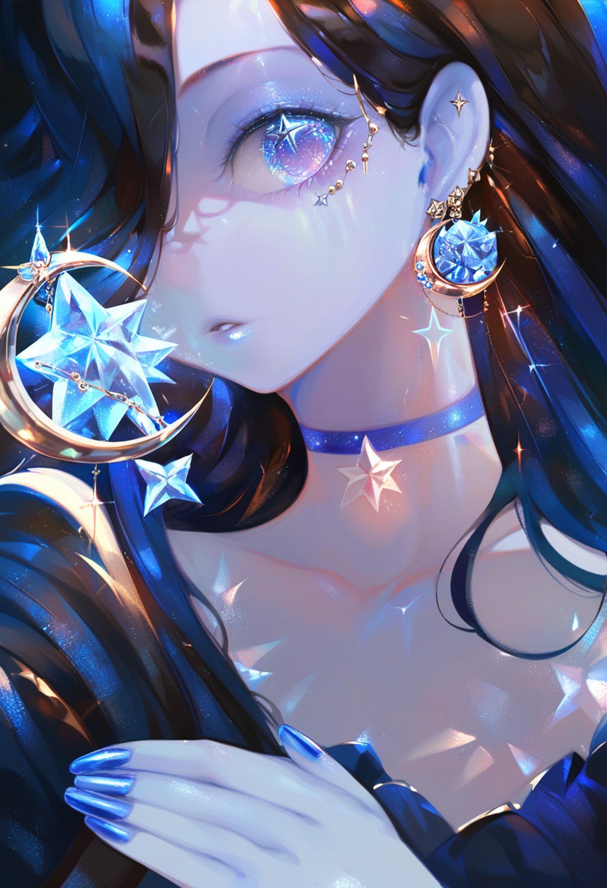 score_9, score_8_up, score_7_up, score_6_up, <lora:OH4XL_P6_lokr_V4312:0.95> 1girl, solo, blue nails, jewelry, blue eyes, earrings, crescent, long hair, blue hair, star \(symbol\), blue theme, looking at viewer, colored skin, hair over one eye, parted lips, choker, nail polish, crescent earrings, collarbone, portrait, blue skin, sparkle, blue choker, upper body, black hair, multicolored hair, one eye covered, dress