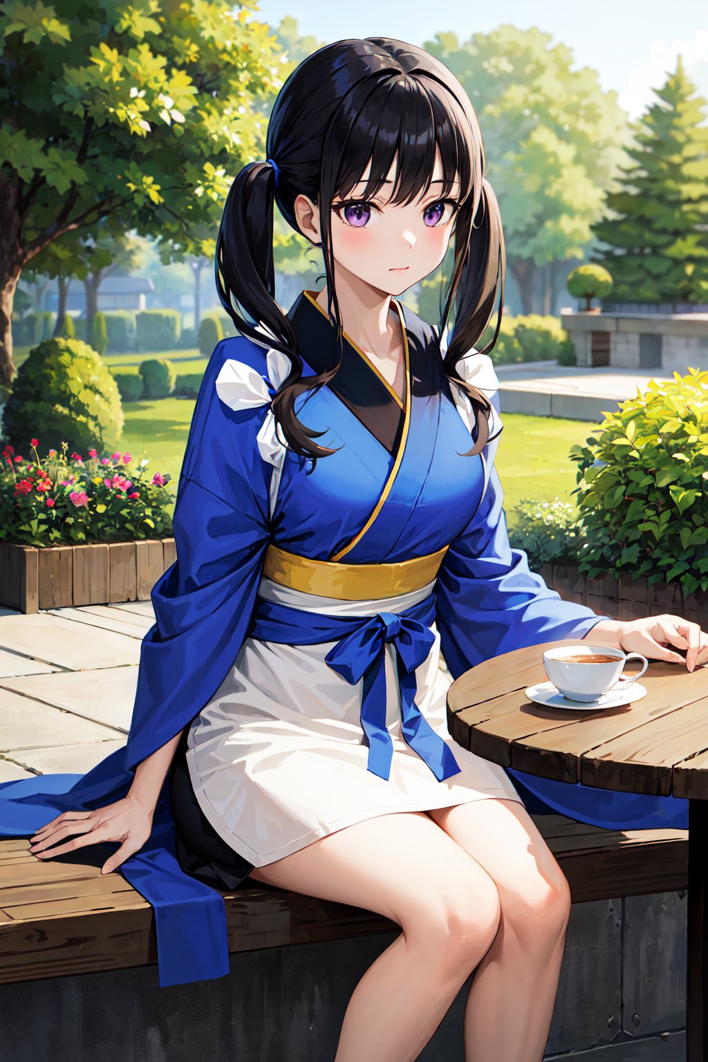 masterpiece, best quality, highres, aatakina, long hair, twintails, black hair, breasts, japanese clothes, (blue kimono:1.2), tasuki, long sleeves, sash, (brown apron:1.2), <lora:inoue_takina_v1:0.7>, garden, sitting, table, cup