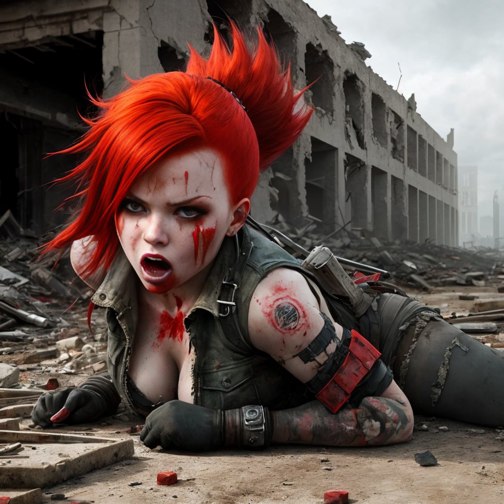 half body, ((apocalyptic)), action photo of a red head woman attacked, punk, next to ruins, blood, nsfw, detailed face, eyes, clothed mouth, corrupted clothes