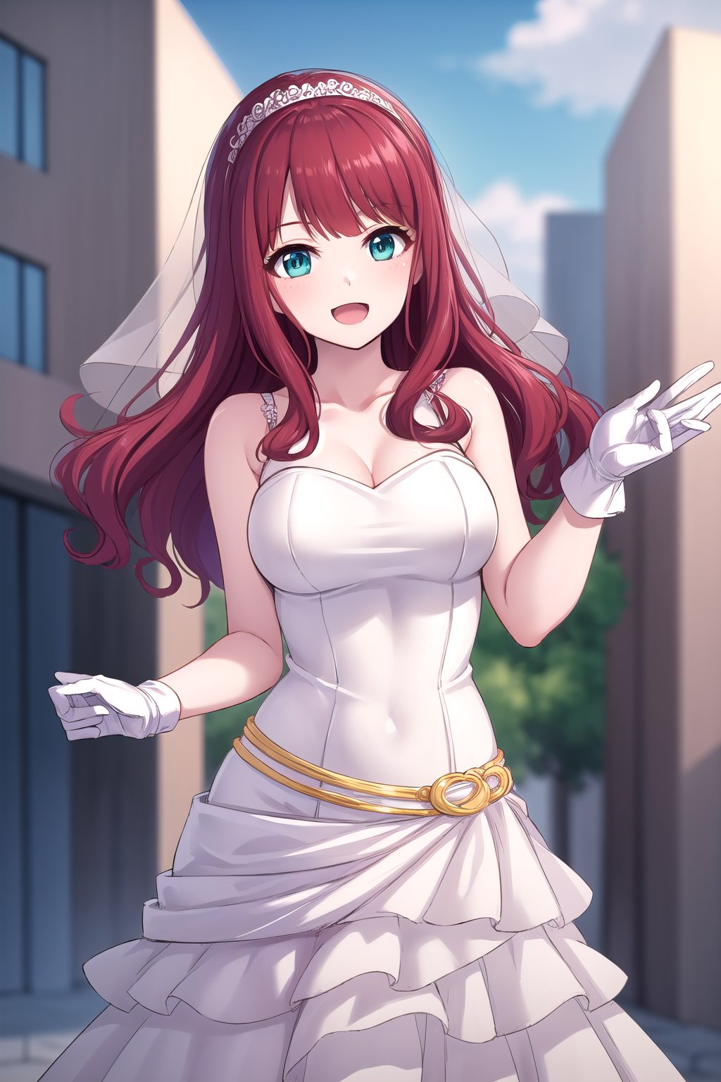 (masterpiece, best quality), highly detailed background, perfect lightingbest quality, ryoohaena, solo, outdoors, nature, building, brildal veil, red hair, blunt bangs, wavy hair, long hair, aqua eyes, medium breasts, wedding dress, white dress, white gloves, frilled skirt, smile, open mouth, :d, <lora:Ryoo-Haena:0.7>