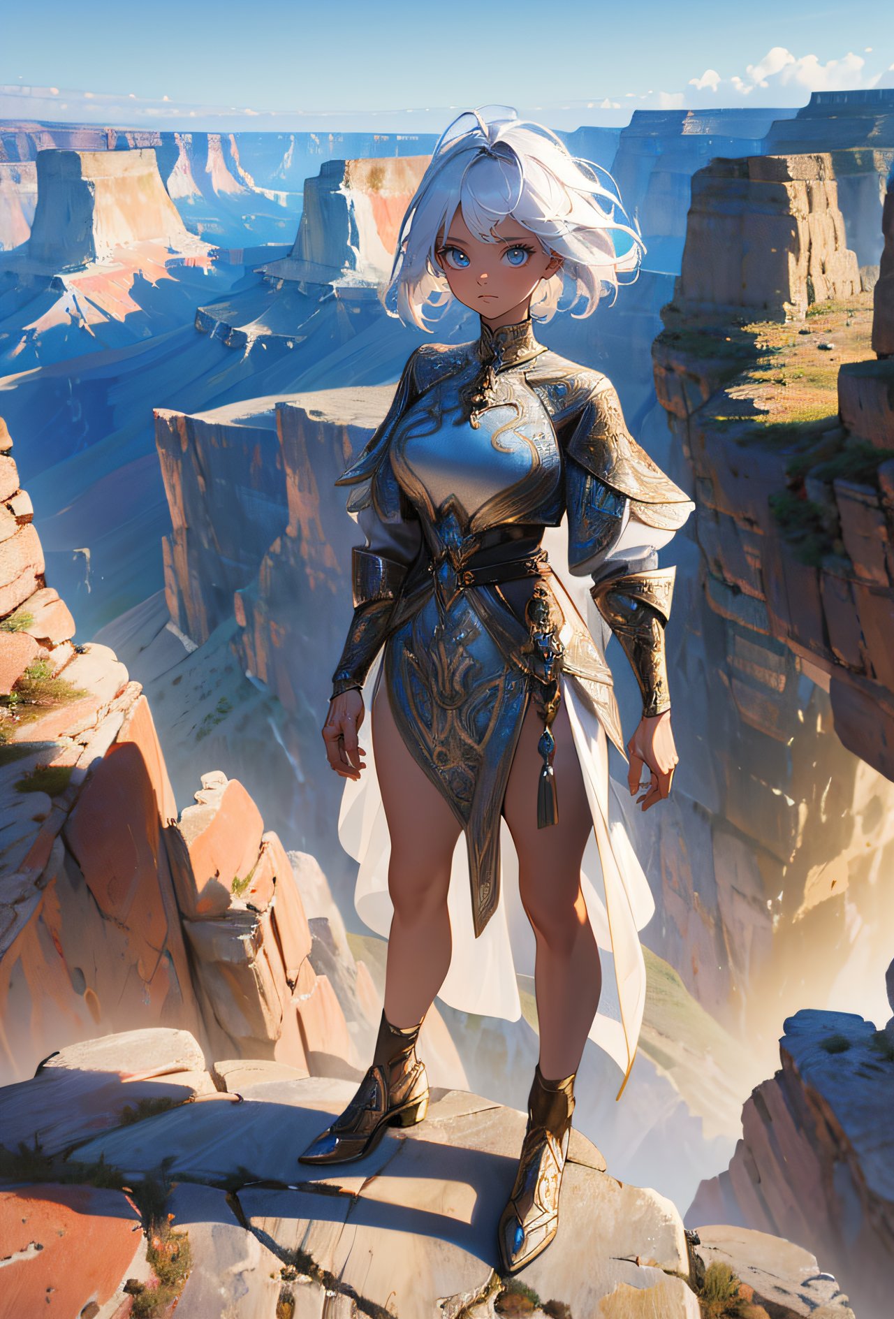 Full Body Protrait, 1girl, Mythical creature-inspired scalemail dresses, Standing on the edge of a cliff overlooking the Grand Canyon, where the layers of ancient rock tell a story of time and geological wonder, (masterpiece, best quality, hires, high quality, by professional artist, ultra detailed, extremely detailed, absurdres, incredibly resolution:1.2), good hands, perfect hands, <lora:GoodHands-beta2:1>