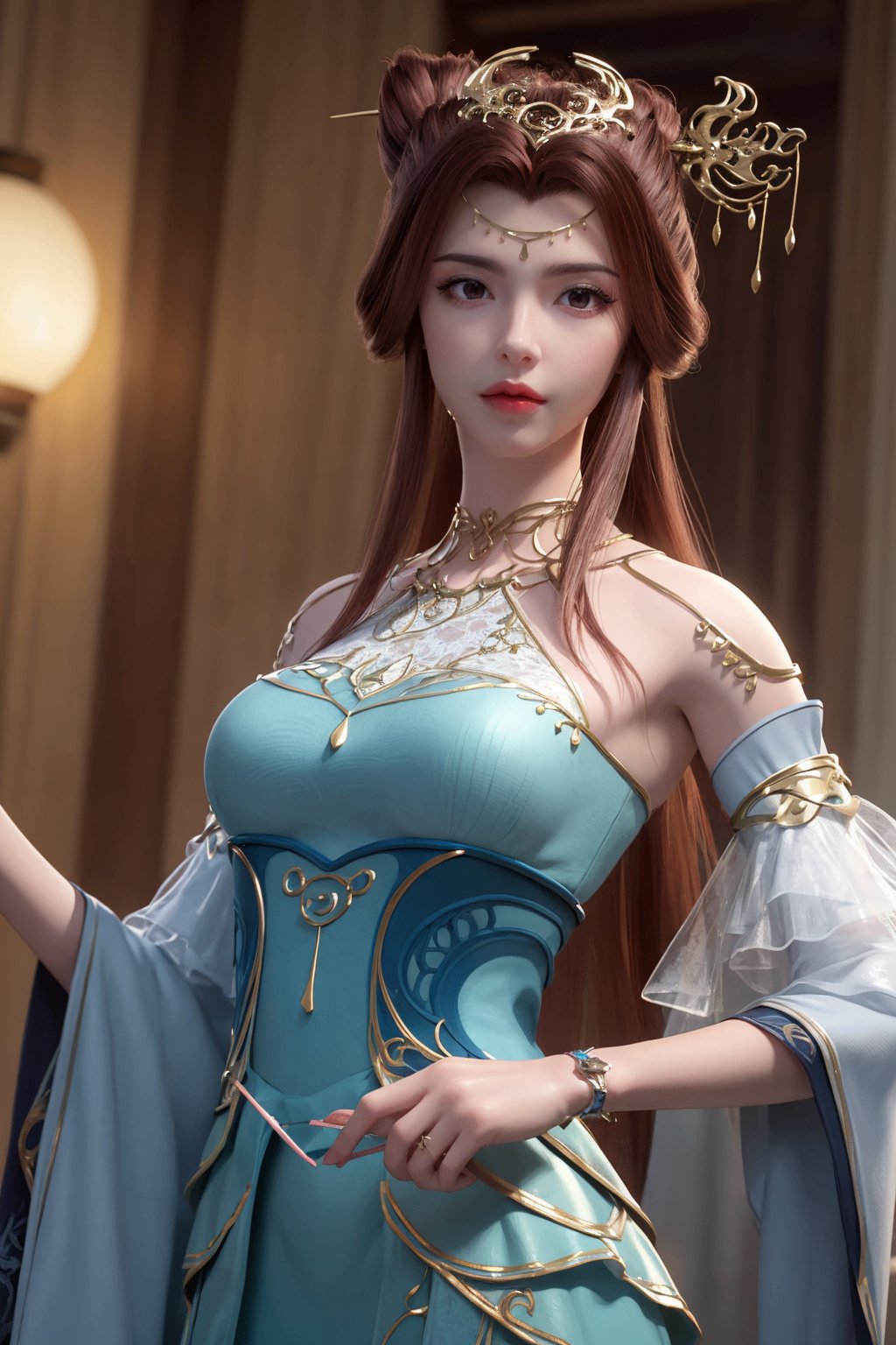 masterpiece,(best quality),official art,extremely detailed cg 8k wallpaper,(extremely delicate and beautiful),solo,realistic,photo_\(medium\),armpits,1girl,chinese clothes,gown,bare shoulders,metal collar,chain,solo,brown hair,long hair,gown,jewelry,bracelet,detached sleeves,hair ornament,see-through,<lora:lingyun_v2.1:0.7>,