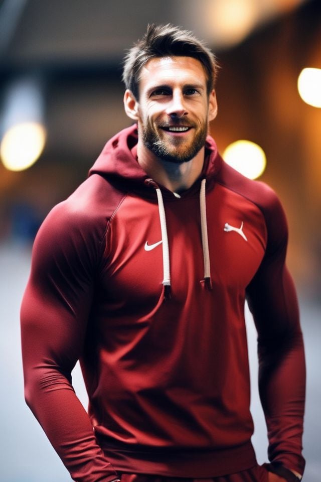 Lionel Messi a man,  realistic photo ,  in a worn ((skin-revealing skimpy erotic red tracksuit by HottiesnHotties on Tenso...