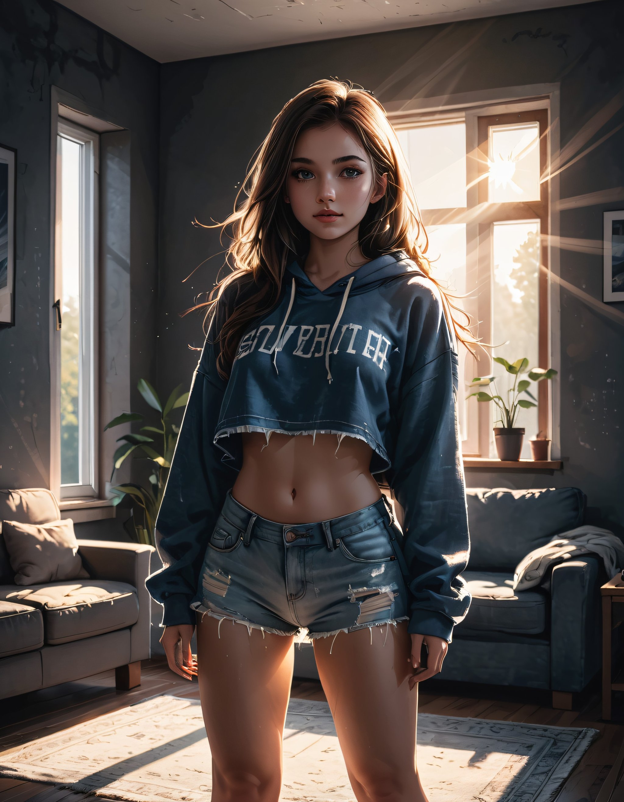 beautiful girl in croptop hoodie and denim hotpants, dark livingroom, sunrays from window