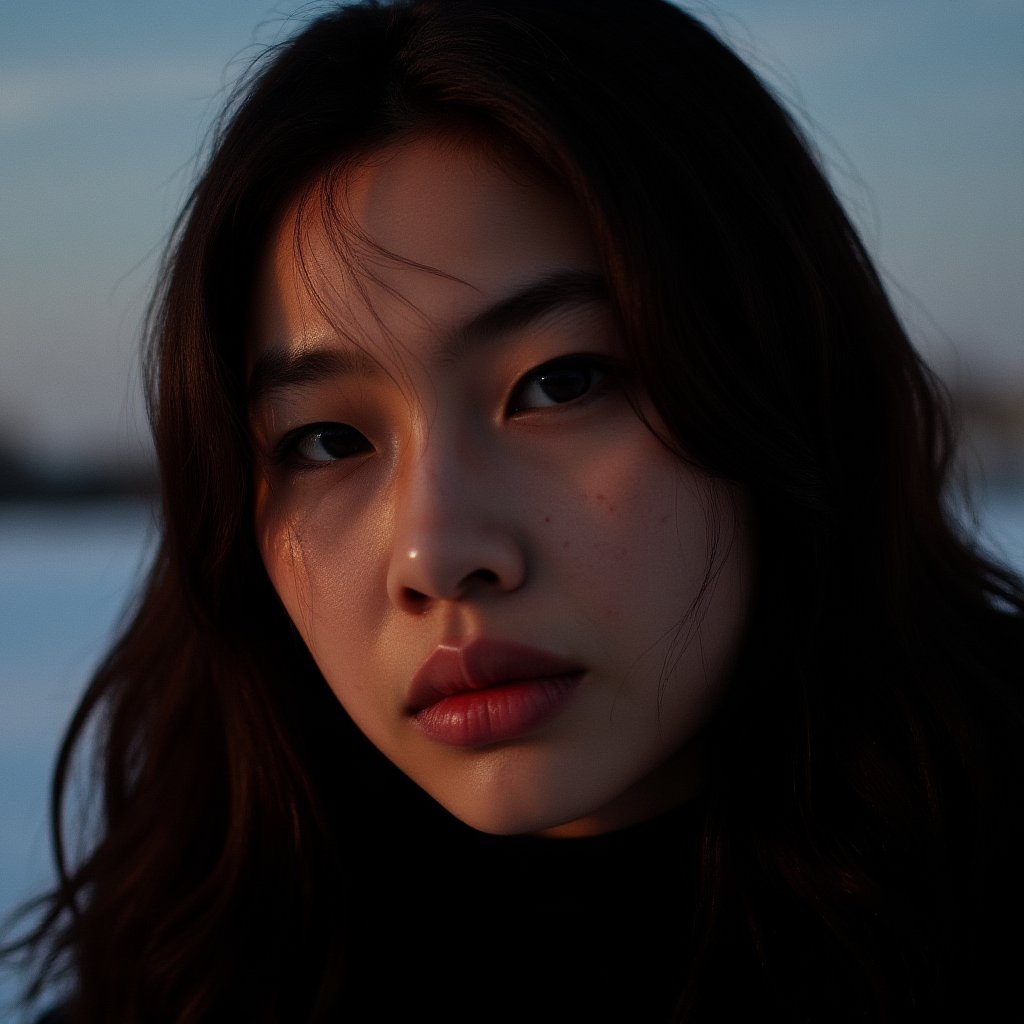 Instagram photo of a woman with freckles on her face in the winter outdoors silhouette illumination of her hair. Taken with a ProPhoto iPhone camera. ,<lora:hoyeon_local_flux_1_standard-000033:1>