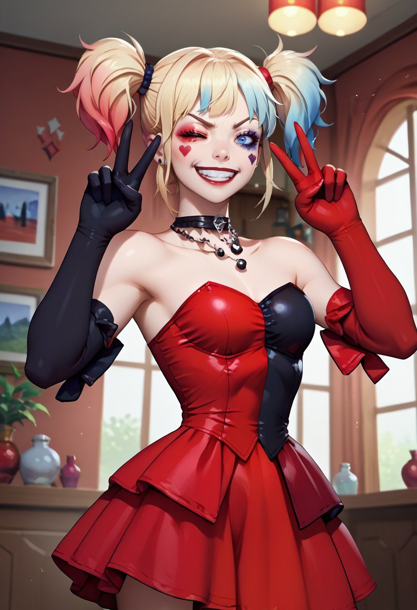 score_9, score_8_up, score_7_up, source_anime, solo, 1girl, isekaiharley, makeup, eyeshadow, grin, looking at viewer, double v, twintails, one eye closed, red dress, strapless dress, black gloves, elbow gloves, indoors <lora:suicidesquadisekai_quinn_ponyXL:1>