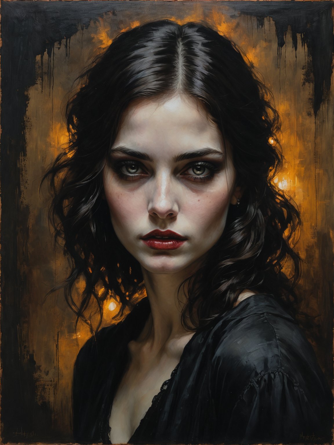 In Casey Baugh's evocative style, a Gothic girl emerges from the depths of darkness, her essence a captivating blend of mystery and allure. With piercing eyes and flowing ebony hair, she exudes an enigmatic presence that draws viewers into her world. Baugh's brushwork infuses the painting with a unique combination of realism and abstraction, highlighting the girl's delicate features and contrasting them against a backdrop of deep, rich hues. The interplay of light and shadow adds depth and dimension to the artwork, creating a hauntingly beautiful portrayal of this Gothic muse. Baugh's distinctive style captures the essence of the girl's enigmatic nature, inviting viewers to explore the depths of her soul. Signature