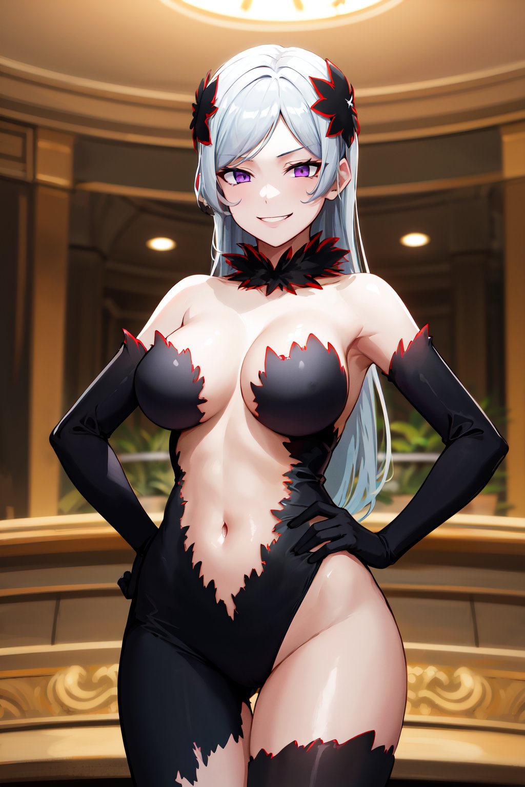 masterpiece, best quality, highres, aafreya, long hair, hair ornament, swept bangs, purple eyes, choker, bare shoulders, strapless, cleavage, center opening, revealing clothes, black dress, elbow gloves, black gloves, navel, <lora:freya_(danmanchi)_v2:0.7>, smirk, hands on hips, indoors, chandelier, 