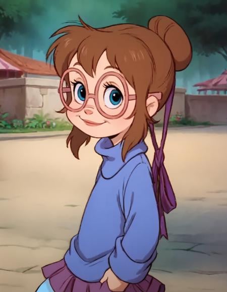 <lora:JeanetteMillerPony (1):0.9> jeanette, turtleneck sweater, brown hair,, hair bun, glasses, solo, skirt, blue eyes, hair ribbon, loose socks, smile, shoes, looking at viewer,cowboy shot, outdoors, upper body,portrait, score_9, score_8_up, score_7_up, score_6_up, score_5_up, score_4_up