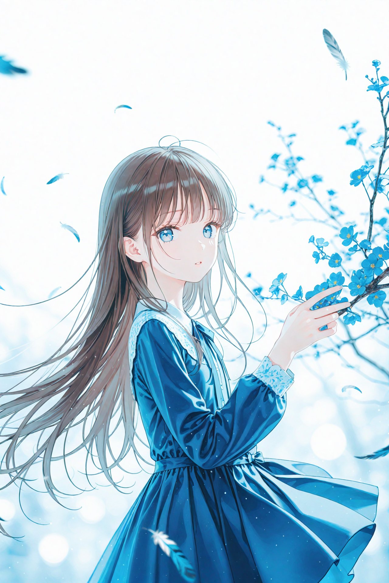 masterpiece,best quality,illustration,ultra detailed,hdr,Depth of field,(colorful),[iumu],[Artist chen bin],Artist hiten (hitenkei),feathers,solo,1girl,long hair,dress,looking at viewer,long sleeves,blurry foreground,brown hair,parted lips,white background,blue eyes,blurry,depth of field,blue dress,flower,blue theme,branch,