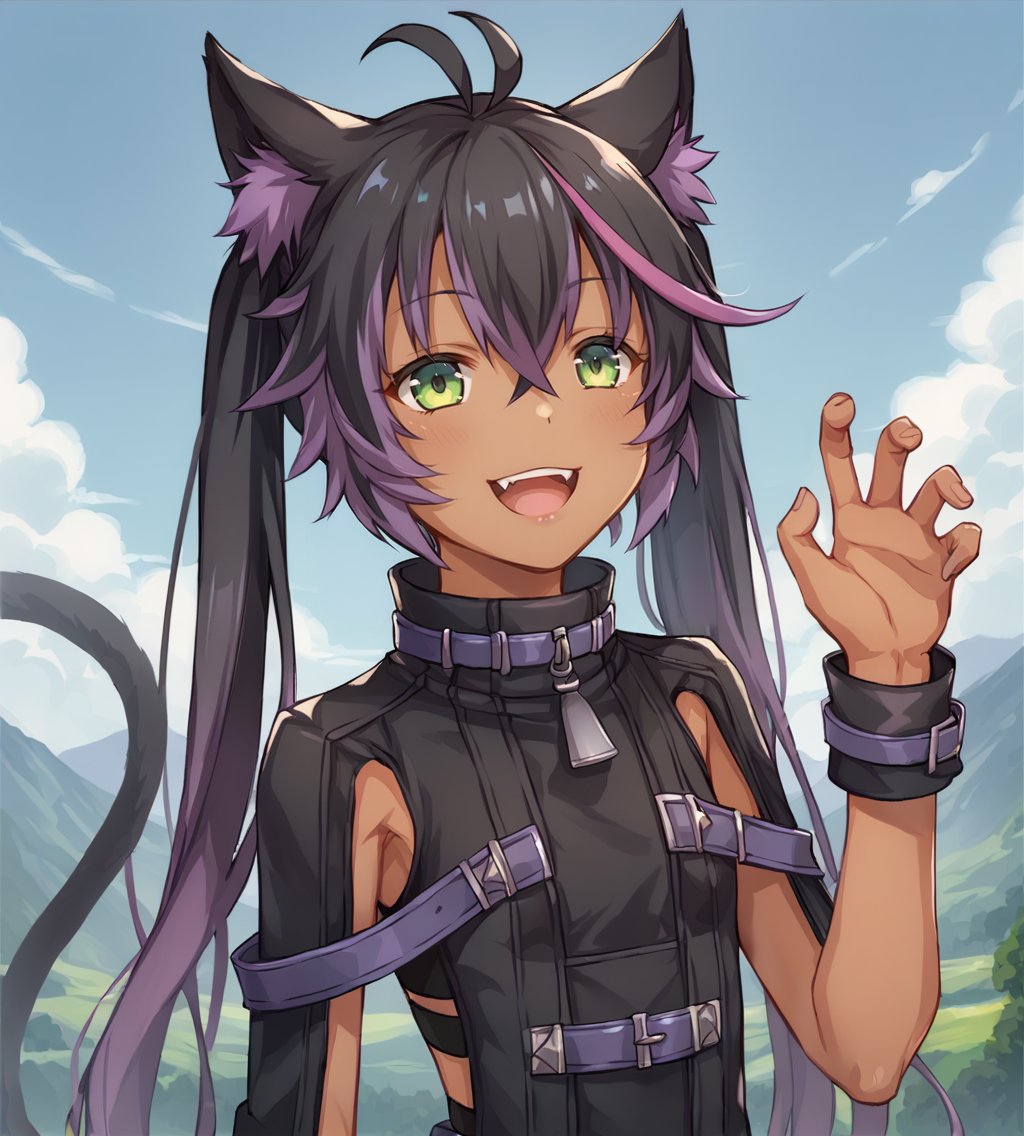 score_9, score_8_up, score_7_up, source_anime, BREAK,<lora:TrailsOfColdSteel-ClassVII:0.9>, Celine Millstein, black hair, purple hair, streaked hair, ahoge, long hair, black cat ears, twintails, cat tail, dark skin, dark-skinned female, small breasts, purple feet, black dress,BREAK,1girl, solo, happy, looking at viewer, upper body, portrait,BREAK,ziro_\(zirorong\)BREAK,1girl, outdoors, sky, clouds, distant mountains,