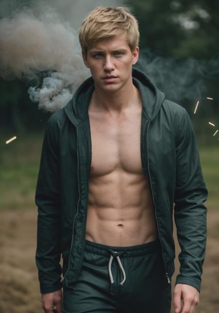 Highly detailed, male focus, Cinematic portrait, 1boy, black open jacket, dark blue v-neck undershirt, solo, brown pants, short blonde hair, white drawstring hood down, looking at viewer, blurry, parted lips, blurry background, green eyes, cowboy shot, standing, dirty, depth of field, light particles, smoke, sfw