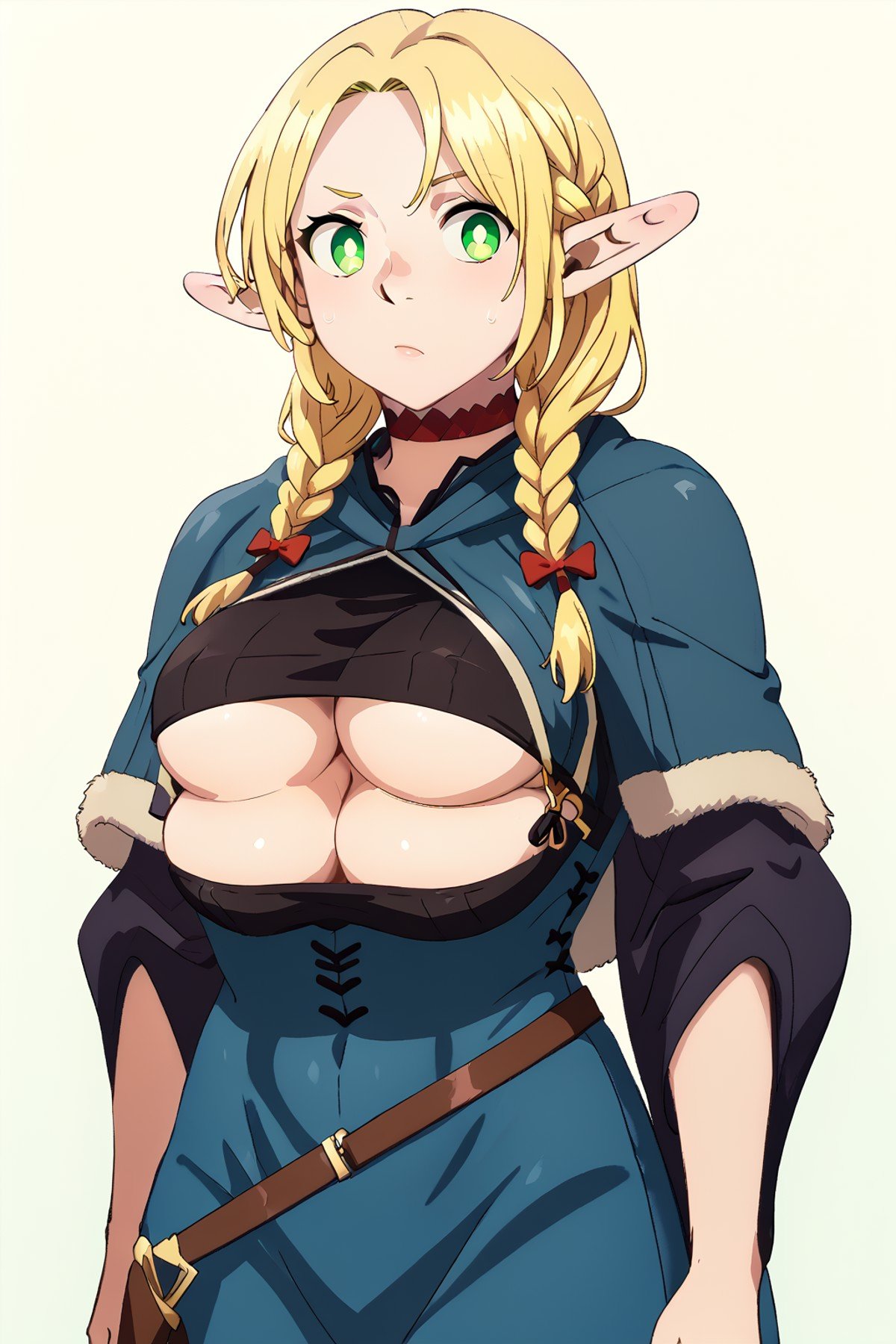 <lora:HerrscherAGGA2024_Yukiko_Senzaki_4BREASTS-CONCEPT_PONY_V1:1.1> Yukiko Senzaki, Yukiko_Senzaki, Cosplay, multiple_breasts, 4_breasts,underboob,  <lora:marcille-donato-s1-ponyxl-lora-nochekaiser:1> marcille donato,long hair,blonde hair,green eyes,braid,pointy ears,twin braids,elf,bright pupils,parted bangs,medium breasts,choker,robe,red choker, Score_9, Score_8_up, Score_7_up, Score_6_up, Score_5_up, Score_4_up, BREAK,1girl in full growth, best quality, masterpiece, ultra-detailed, high quality,good quality,1 girl,(master piece,high resolution, ultra detailed,8K,16K),look at viewer