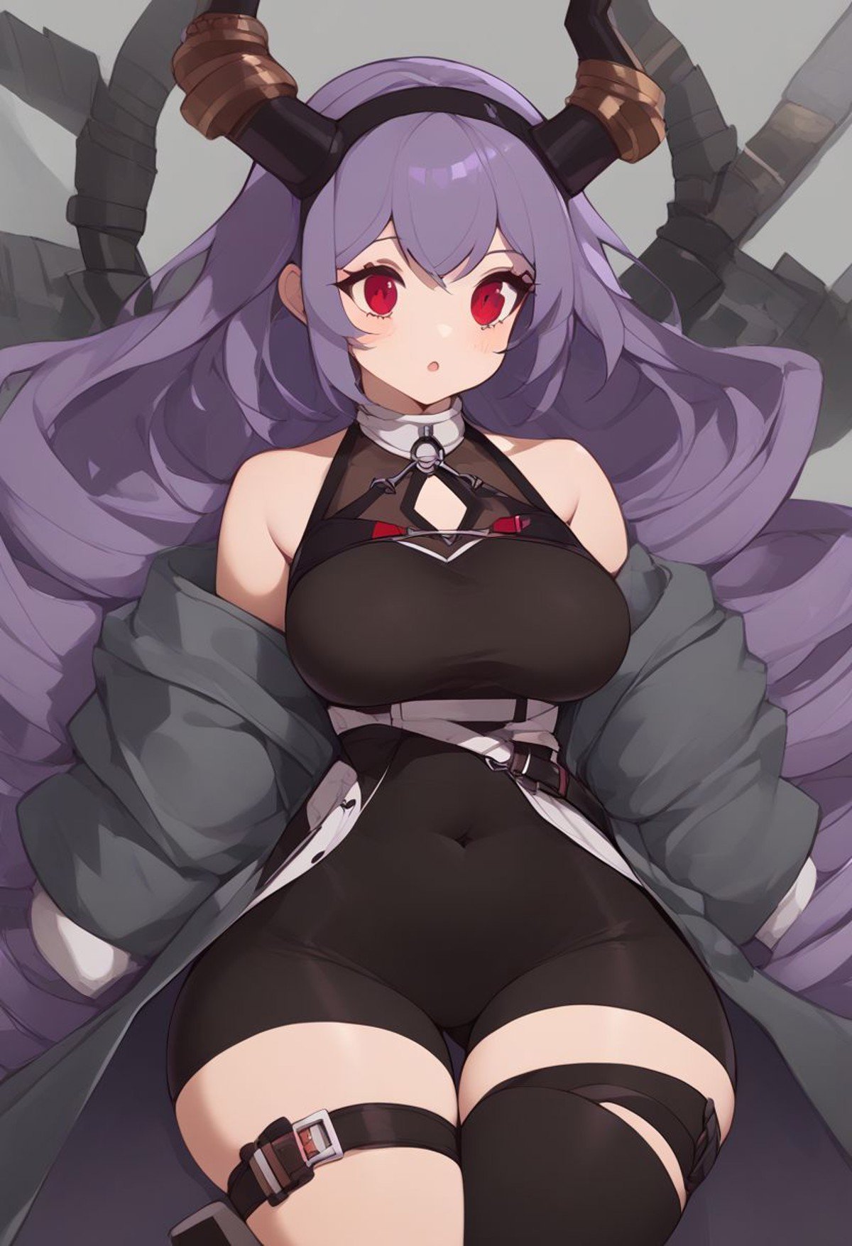 score_9, score_8_up, score_8, medium breasts, (curvy), cute, eyelashes,  zzNill, BREAK, Expressiveh, patTyphon, very long hair, purple hair, sidelocks, drill hair, twin drills, red eyes,  black hairband, horns, open coat, grey coat, long sleeves, sleeveless shirt, black shirt, clothing cutout, bare shoulders, belt, buckle, covered navel, black leotard, black shorts, thigh strap, thigh belt, asymmetrical legwear, single thighhigh, black thighhighs, socks, grey footwear,wide hips, narrow waist,