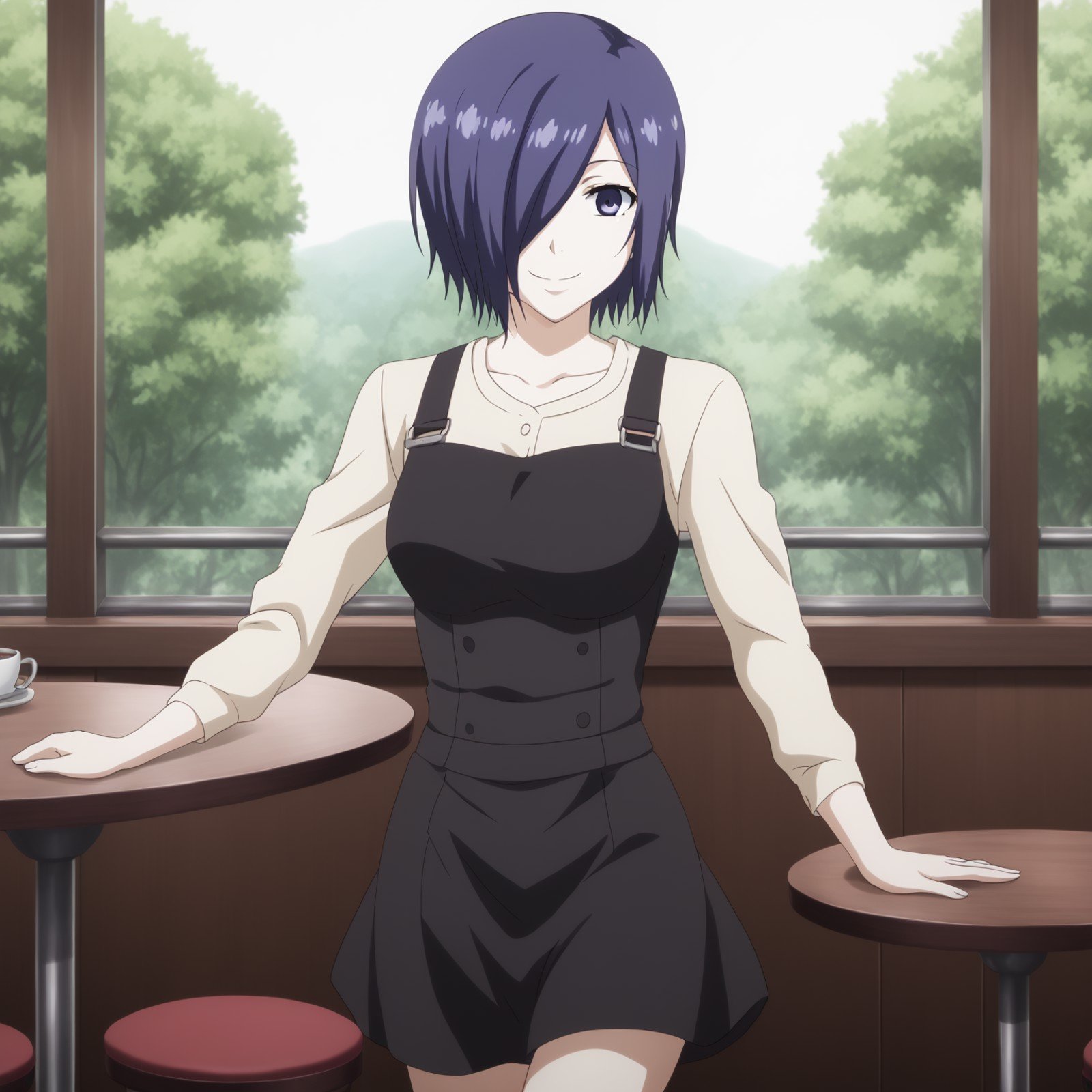 <lora:SlimesTouka-000001:1>, slimes_touka, woman, solo, black skirt, hair over one eye, smile, cafe background