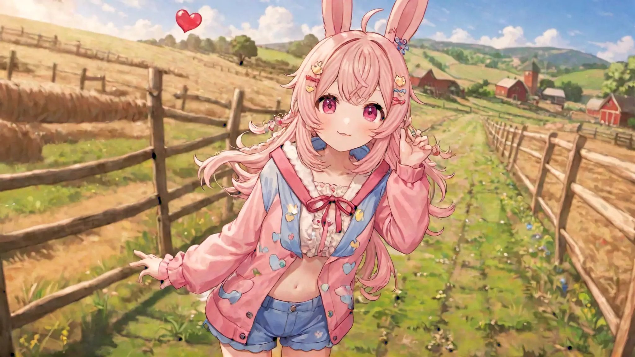 pippa, :3 rabbit ears, bangs, closed mouth, rabbit girl, sleeves past wrists, solo, twin braids, virtual youtuber, ahoge, pink eyes,pipi hairclip, heart hairclip, bow hairclip, bunny hairclip, red bow hairclip, tiny heart hairclip,(shorts, sundress)((full body, ranch, farmland))(((best quality, ultra-detailed, shading, sharpness, volumetric lighting, cowboy shot))) <lora:PIPPA-XL-t9-000001:0.6>