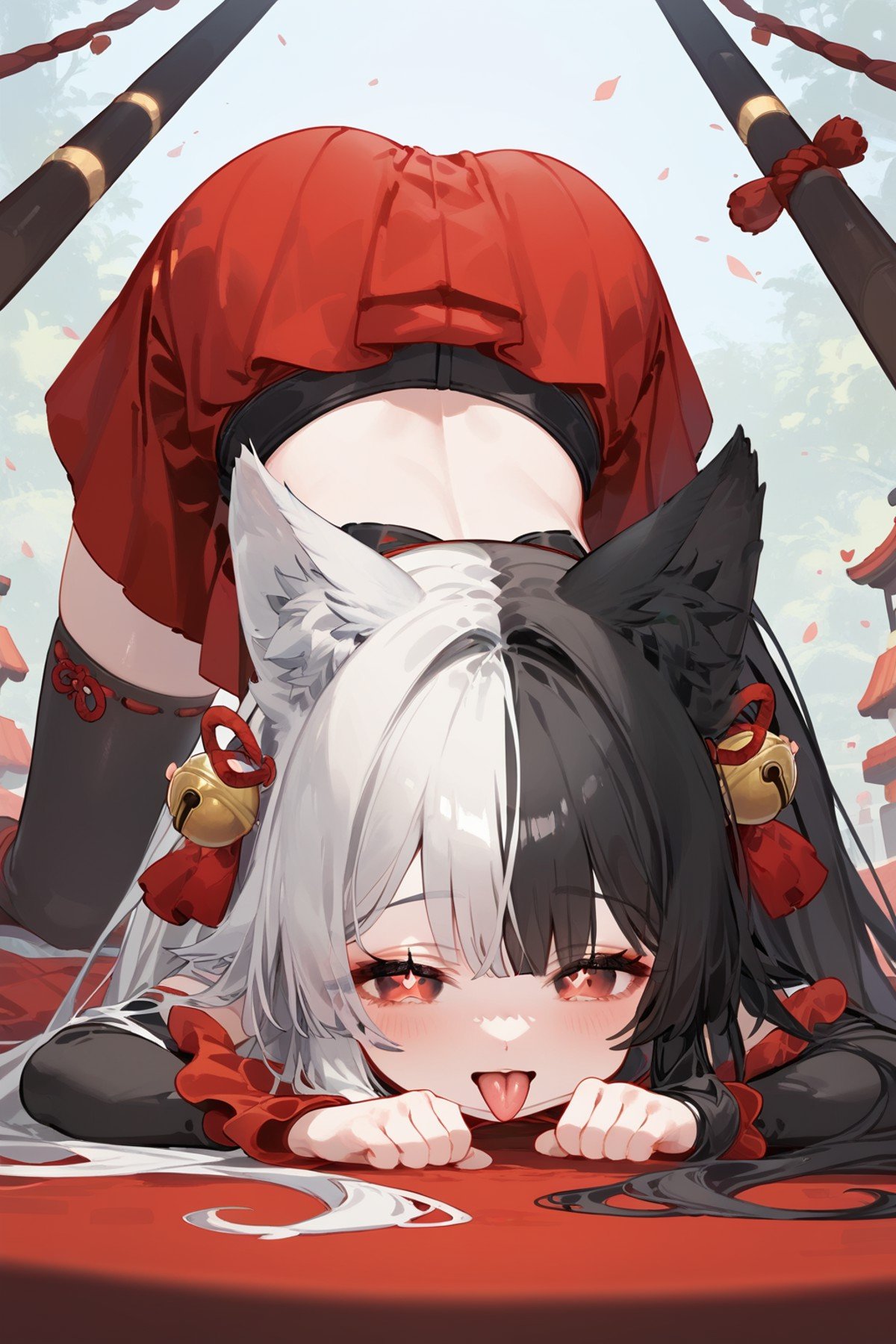 (score_9,score_8_up,score_7_up,),mana,<lora:mana-000025:0.9>,animal ears,red eyes,long hair,black hair,white hair,two-tone hair,thighhighs,red skirt,kimono,hair ornament,symbol-shaped pupils,all fours,top-down bottom-up,face_focus,tongue out,naughty_face,from_below,