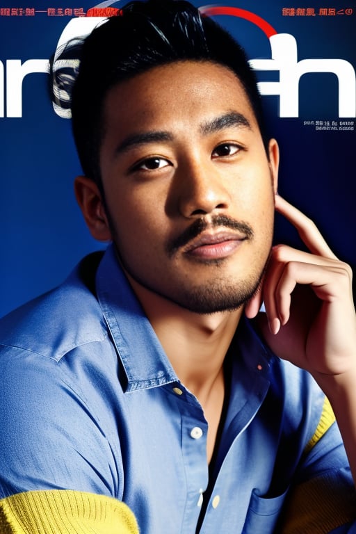 (score_9, score_8_up:1.3), score_7_up, raw, photo realistic, (Fashion magazine cover:1.2), 1boy, asianmale, bara, black eyes, black hair, black pants, facial hair, gyx,1boy, asian man, beard, black eyes, black hair, blue shirt, facial hair, gradient, gradient background, looking at viewer, male focus, mustache, portrait, realistic, shirt, simple background, solo,<lora:SD1.5_Asian,GYX.64:0.6>