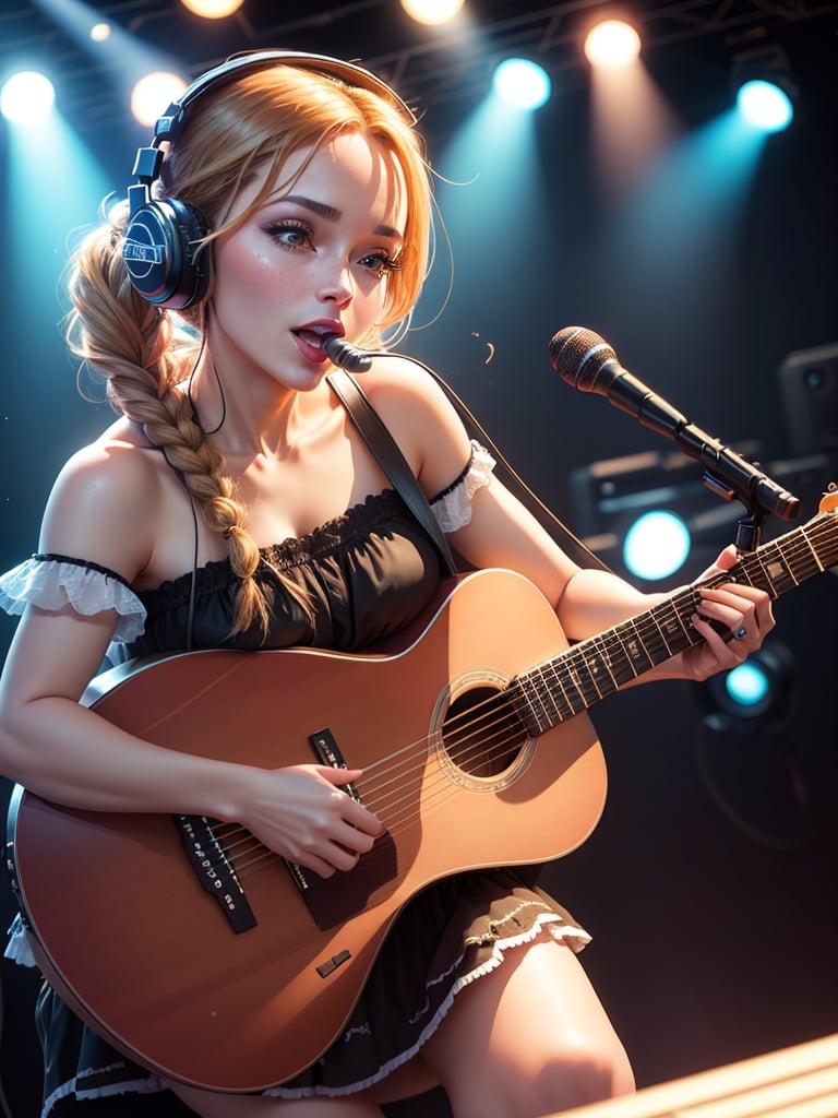 40yo pop singer singing and playing guitar, melancholy, braid, strapless, microskirt, headphones, dynamic angle, glow, full body, detailed mouth