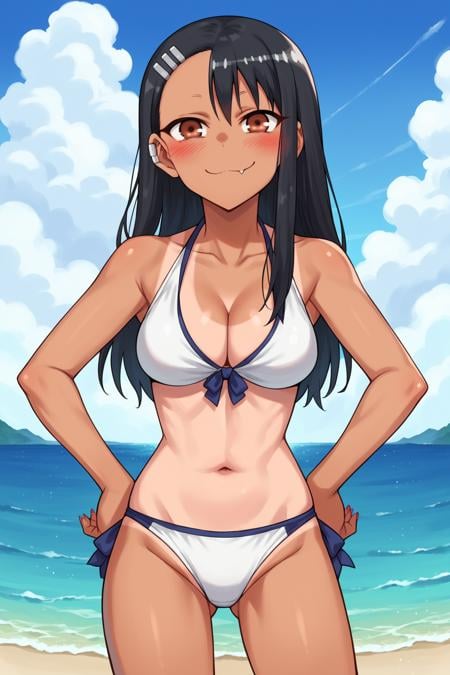 score_9, score_8_up, score_7_up, source_anime, <lora:nagatoro-multi-outfit_epoch_8:1> nagatoro hayase, outfit-bikini, extra-tanlines, blush, solo, sky, dark skin, one-piece tan, (brown eyes:1.1), dark-skinned female, tan, black hair, white bikini, hairclip, black and bikini, navel, 1girl, outdoors, blue sky, cleavage, ocean, tanlines, fang, hair ornament, long hair, day, hands on own hips, looking at viewer, light smile,