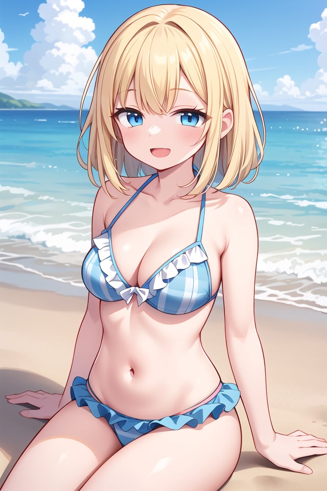 insanely detailed, absurdres, ultra-highres, ultra-detailed, best quality,(wearing pastel blue pink bikini with checked pattern with frills:1.3),1 girl, solo, happy smile, laugh, open mouth,BREAKsitting on beach, dynamic pose, cowboy shot, looking at viewer,slender, kawaii, perfect symmetrical face, ultra cute girl, ultra cute face, ultra detailed eyes, ultra detailed hair, ultra cute, ultra beautiful,BREAKbeach, coast, ocean, blue sky, cloud, outdoor, ultra detailed background,large breasts, cleavage, (blonde medium hair, blue eyes:1.2)