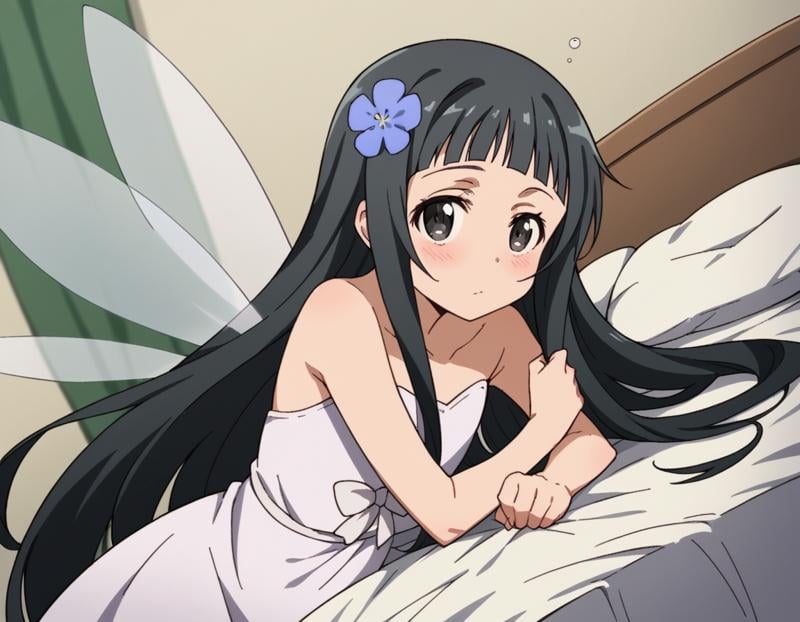 score_9, score_8_up, score_7_up, source_anime,saoyui, <lora:sao-yui-s1-alo-ponyxl-lora-nochekaiser:0.8>,yui, long hair, bangs, black hair, hair ornament, very long hair, flower, hair flower, black eyes,dress, bare shoulders, collarbone, wings, fairy wings, fairy,indoors, bed, bed room, on side, blush, drunk,cowboy shot, looking at viewer, solo, dutch angle,