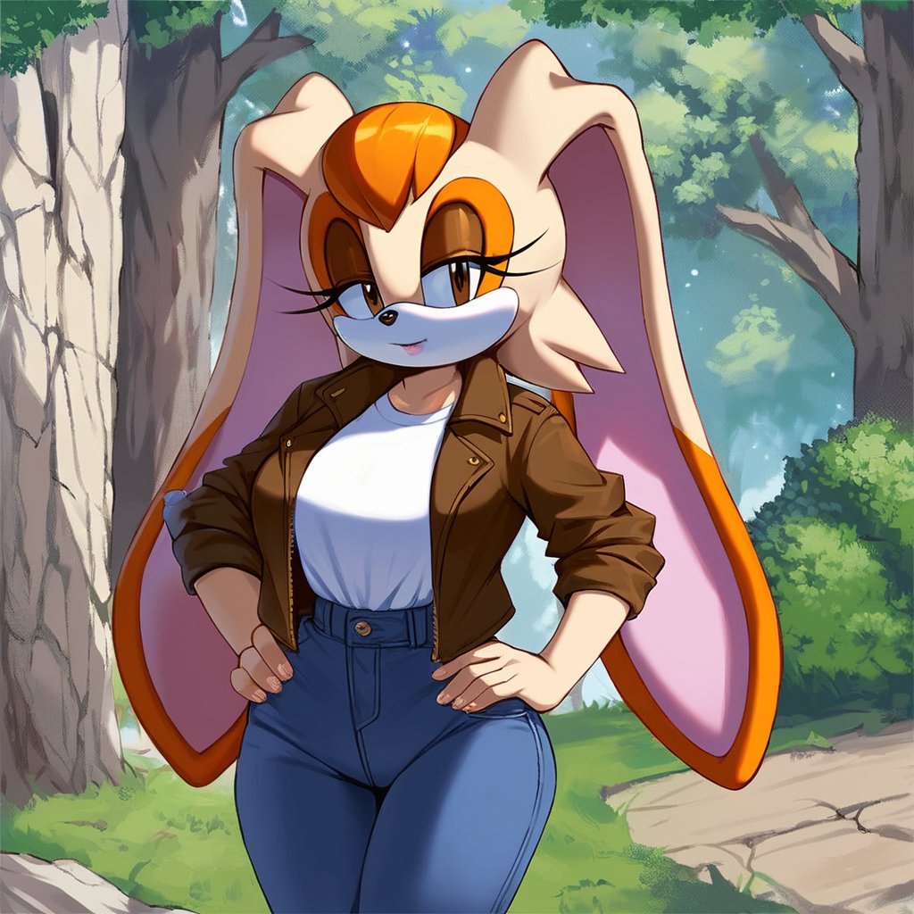 score_9, score_8_up, score_7_up, score_6_up, score_5_up, score_4_up, (Source sonic), (rating safe), vanilla the rabbit, 1girl, solo, outside, wearing blue jeans, white shirt, jacket, large breasts, brown eyes, looking at viewer, standing, outside, trees, fall weather,  <lora:Vanilla the rabbit xl :1>, wide hips, rabbit girl, short hair, body fur, hands on hips, anime style