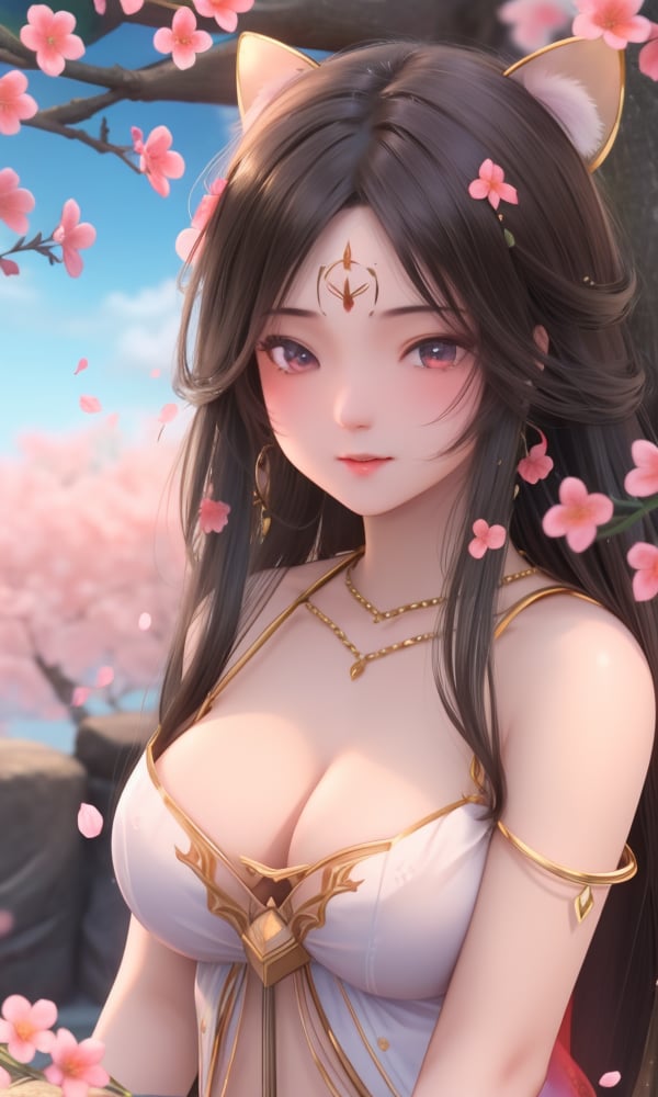 (,1girl, ,best quality, )<lora:DA_花灵V2-倩女幽魂:0.6>, ,masterpiece, fantasy, realistic,science fiction,mole, ultra realistic 8k cg, ,tamari \(flawless\),  large breasts,outdoors, sun,sunlight, cherry blossoms,      upper body, (),