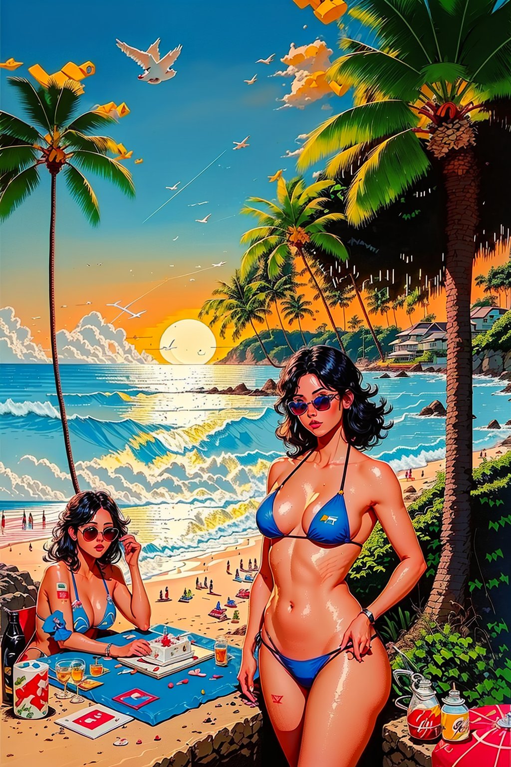 2girls,bikini,swimming ring,coconut tree,banana tree,blue sky,baiyun,coke,beach,water slide,paper airplane,cake,bird,sunglasses,black hair,high quality,details,<lora:CityPop:1>,evening,sunset,