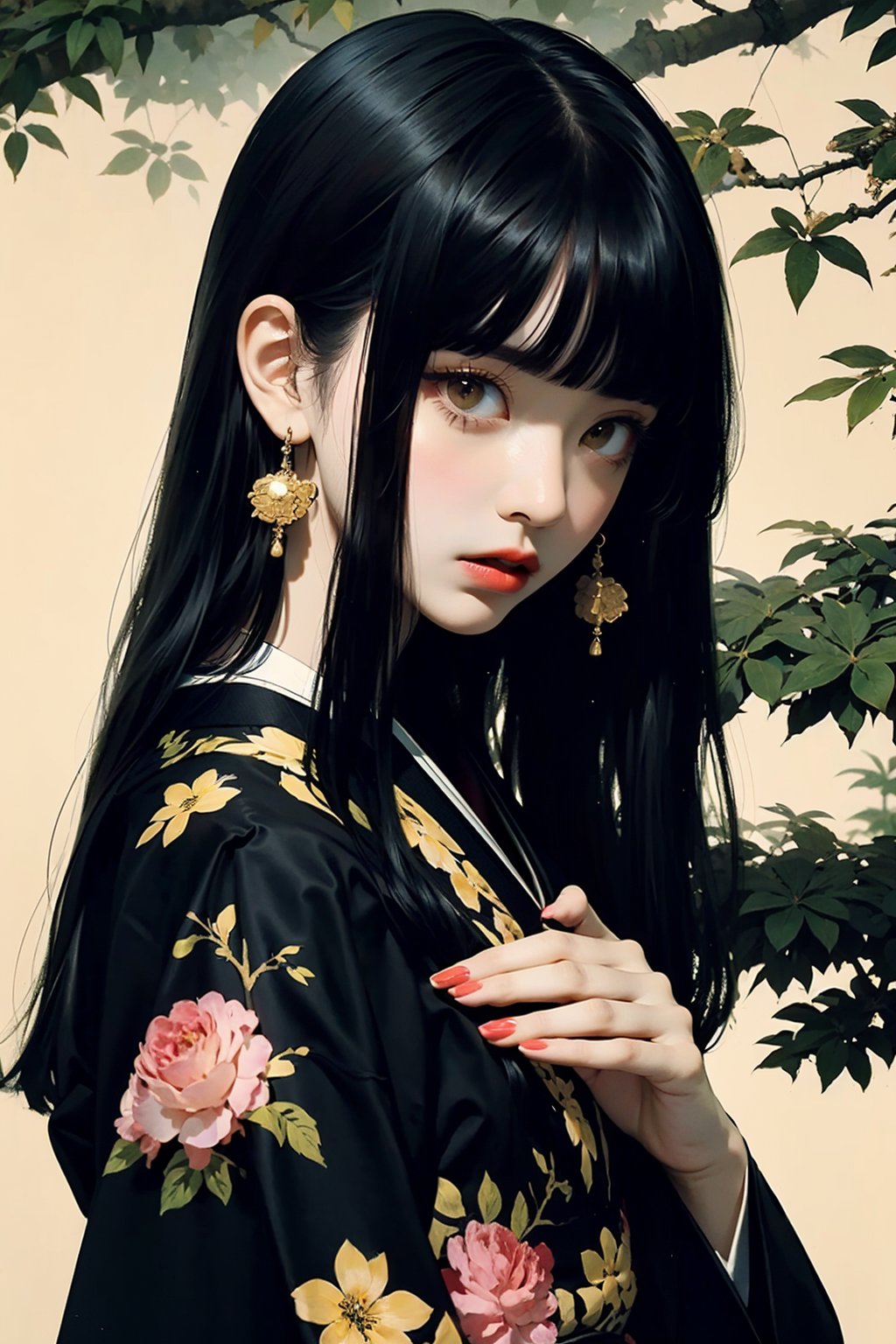 1girl,solo,black hair,bangs,jewelry,long hair,earrings,blunt bangs,looking at viewer,japanese clothes,upper body,closed mouth,branch,brown eyes,kimono,red lips,plant,hime cut,makeup,from side,nail polish,<lora:linhe fuheigongzhuqie_20231018110238:0.7>,