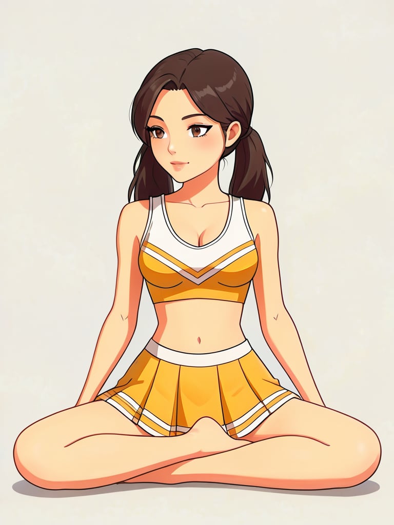 yellowcheer,  three-quarter view a beautiful young brunette woman with twintails with deep brown eyes wearing a sexy yello...