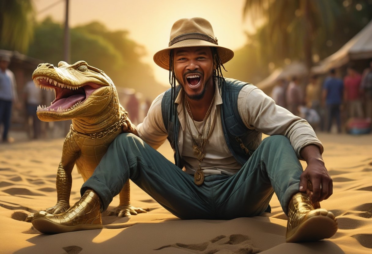 bored Miles Henderson  in Hefei  is Sticking out tongue you a grapple, His legs are sharp claws like He’s fangs fangs, She’s wearing golden crocs and a gold chain in a hat and is relaxing while having an expression on his face like he hides behind herself, He holds off his hair tied up clean cut. 4K, detailed, trending on artstation, in a garden of sand, digital oil on canvas beautiful scenic painting, golden hour, Tuesday morning, Cinematic, moody, Hyperdetailed.  8k, UHD, High quality, Beautiful, by Otto Schmit, n and Arnold Bocklin, Darren James Bailey, Matte painting oil painting. 4K, ighly realistic, painterly, Trending on Canvas, Vibrant colors, Cinematic post processed twice, Art station.  -4k