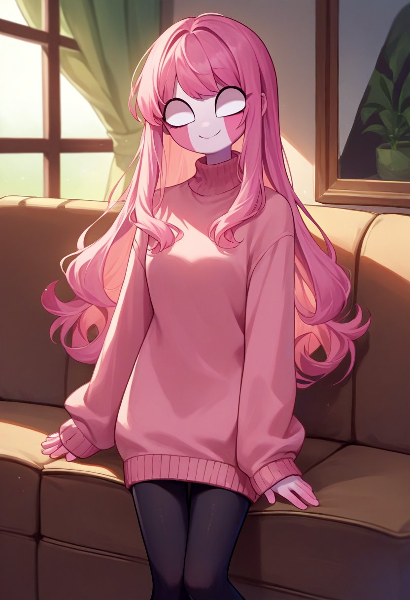 score_9, score_8_up, score_7_up, source_anime, rating_safe, solo, 1girl, sarvente, colored skin, smile, looking at viewer, long hair, pink hair, blank eyes, pink sweater, sweater dress, black pantyhose, indoors, living room <lora:fnf_sarvente_ponyXL:1>