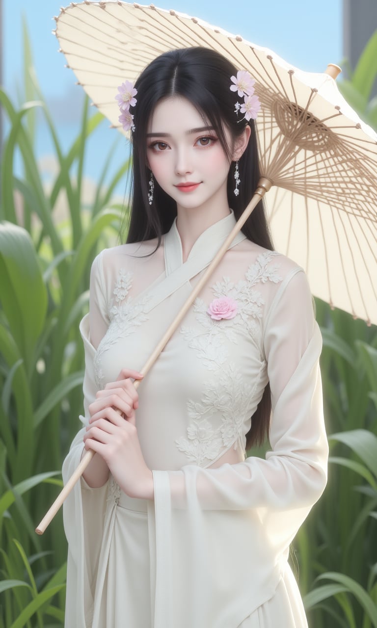 jqzx, . this is a highly detailed digital illustration depicting a young asian woman standing in a serene garden setting. the woman has fair skin, delicate features, and long, straight black hair adorned with intricate floral hairpins. she wears a traditional east asian dress in a soft, creamy white fabric with intricate lace and floral embroidery. the dress features a high collar, long sleeves, and a flowing skirt, exuding elegance and grace. she holds a large, white parasol with delicate, interlaced ribs, providing shade and a focal point in the image.her expression is calm and serene, with a slight smile on her lips. she gazes directly at the viewer, her large, expressive eyes accentuated with subtle makeup, including a touch of pink lipstick. the background is a lush, green garden with tall, leafy plants and a hint of blue sky, suggesting a tranquil, outdoor setting. the illustration is rendered in a hyper-realistic digital art style, with meticulous attention to detail in textures, lighting, and shading, creating a lifelike appearance. the overall mood is serene and ethereal, emphasizing the beauty and tranquility of the subject and her surroundings...,<lora:F1-性感仙侠美女:1>,