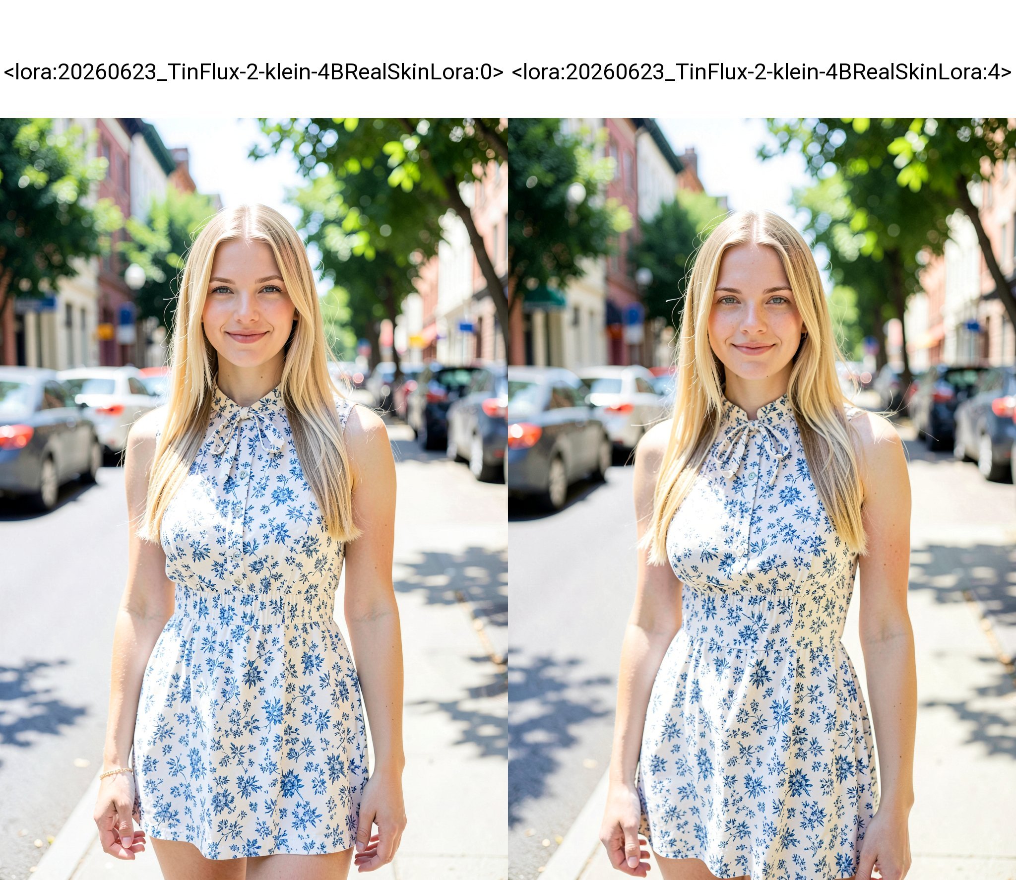 Photograph of a young Caucasian woman standing on a sunlit urban street. She has long,  straight blonde hair,  fair skin b...