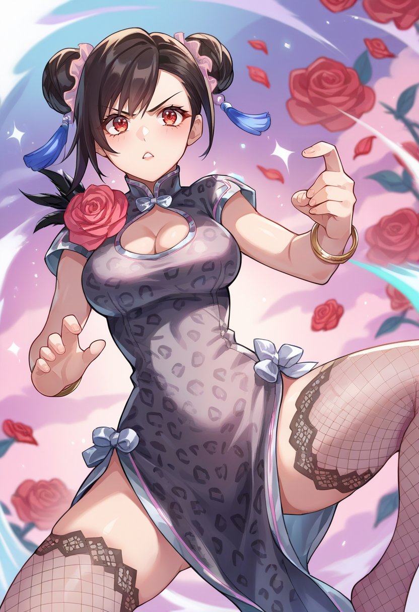 score_9, score_6_up, source_anime, 1girl, solo, tifa_sporty, double bun, china dress, leopard print, cleavage cutout, rose, fishnet thighhighs, bracelet, hair ribbon, fighting stance <lora:tifaXL:1>