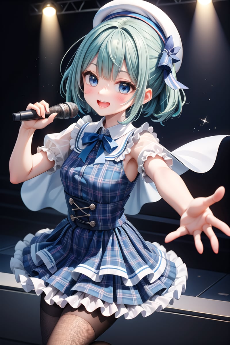 insanely detailed, absurdres, ultra-highres, ultra-detailed, best quality,1girl, solo, nice hands, perfect handsBREAK(nsfw:-1.5),(gothic drress, Idol costume:1.3), (blue and white theme:1.2), (white blouse:1.4), (white collar, tie:1.3), (open short-cape:1.3), (short sleeve:1.2), (blue tartan-check pattern (ruffle-skirt, multilayer-skirt):1.4), (white basque-beret with ribbon:1.3), (Fishnet stockings:1.3), (glove:1.2), (cleavage:-1.5)BREAKhappy smile, laugh, open mouth, (standing, singing, dancing, holding microphone:1.4)BREAKfrom above,seductive pose, cowboy shotBREAKslender, kawaii, perfect symmetrical face, ultra cute girl, ultra cute face, ultra detailed eyes, ultra detailed hair, ultra cute, ultra beautifulBREAKindoors, concert hall, idol live, crowded audienceBREAKmedium breastsBREAKgreen hair, black eyes, ballerina bun,