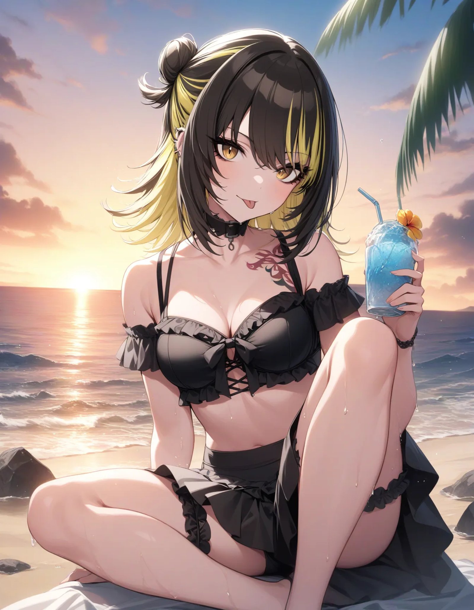 l_ikaruga, 1girl, solo, tongue out, tongue, piercing, swimsuit, blonde hair, breasts, outdoors, black hair, drink, beach, sitting sheet, beach parasol, wind, floating hair, looking at viewer, water, holding drink, flower, bikini, yellow eyes, multicolored hair, ear piercing, hair bun, tattoo, day, bangs, sky, choker, black bikini, cross-laced clothes, medium hair, skirt, cleavage, ocean, frills, sunset, collarbone, bridal garter, :p, knee up, cloud, bare shoulders, two-tone hair, medium breasts, wet, bikini skirt, frilled bikini, black skirt, hair between eyes, tropical juice, collar, thighs, streaked hair, black choker, water drop, rock, jewelry, depth of field, bokehmasterpiece, best quality, very aesthetic, absurdres<lora:a31_l_ikarugaXL:1>