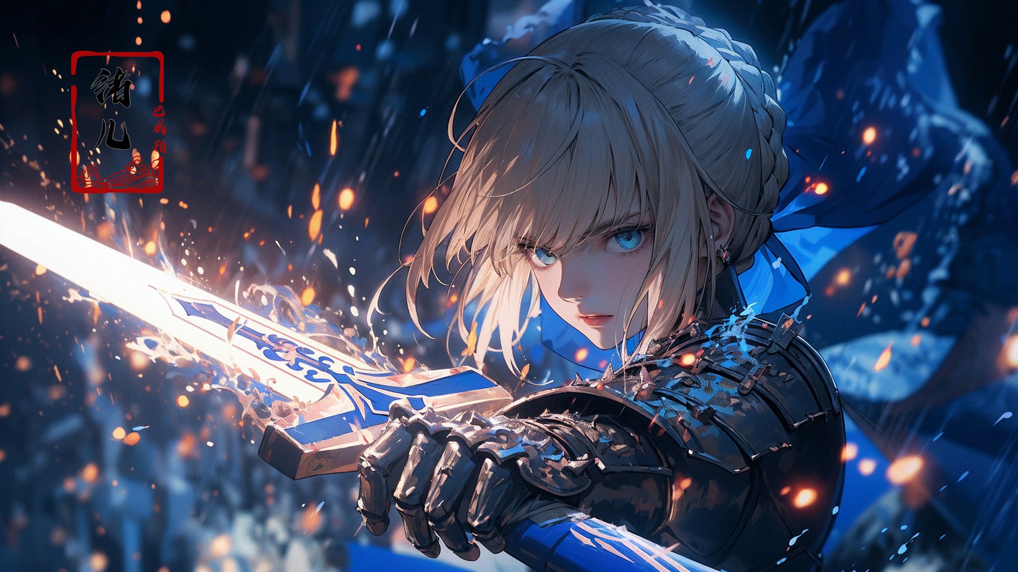 artoria_pendragon_\(fate\), sword, weapon, saber, holding_sword, armor, blurry, solo, blurry_foreground, depth_of_field, holding_weapon, braid, blurry_background, gauntlets, ahoge, blonde_hair, hair_ribbon, blue_ribbon, glowing_weapon, green_eyes, holding, glowing_sword, fire, ribbon, sparks, excalibur_\(fate/stay_night\), looking_at_viewer，Epic CG masterpiece, hdr,dtm, full ha,8K, ultra detailed graphic tension, dynamic poses, stunning colors, 3D rendering, surrealism, cinematic lighting effects, realism, 00 renderer, super realistic, full - body photos, super vista, super wide Angle, HD，(Blue smoke enveloped the body:1.5)，(solo focus:1.7)，Saber，1girl, In hand sword，blue dress，Blue bow，gorgeous armor，platinum blonde hair，close-up,(imid shot,macro shot:1.25),(Detailed face description),(Detailed hair description),(Detailed clothes description),A shot with tension，(sky glows red,Visual impact,giving the poster a dynamic and visually striking appearance:1.2),