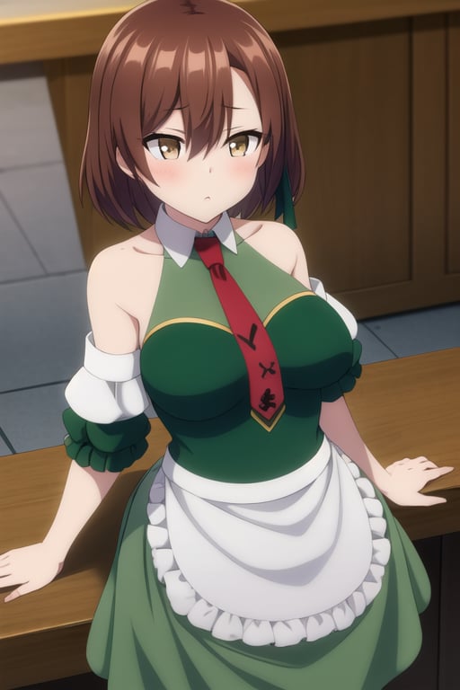 ((masterpiece, best quality)),1girl,standing,indoors,medium  breasts,lola, ore dake haireru, lola metrose,bare_shoulders, brown_eyes, brown_hair, bubble, detached_sleeves, frilled_apron, green_dress, green skirt,hair_between_eyes, necktie,red_necktie,short_hair, white_apron, <lora:lolamix:0.8>